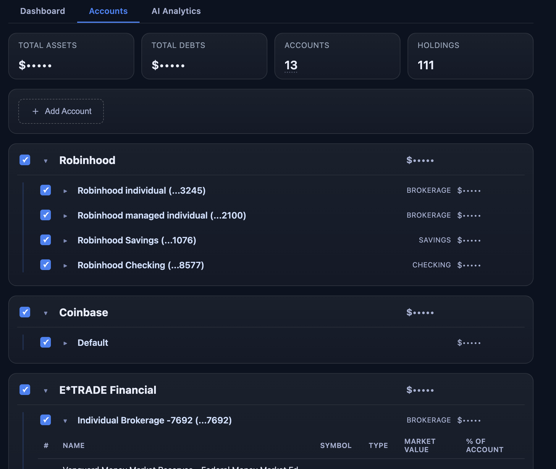 Accounts page with Robinhood, Coinbase, E*TRADE institutions listed